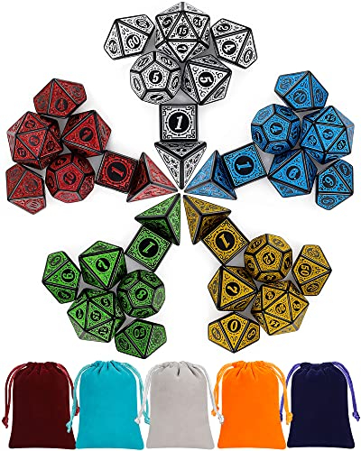 QMAY DND Würfel, 5x7 Set (35 Stück) Vintage Gravur Serie Polyedrische Würfel Set mit 5 Beuteln, für Dungeon and Dragons MTG Tischspiele RPG DND D4 D6 D8 D10 D% D12 D20