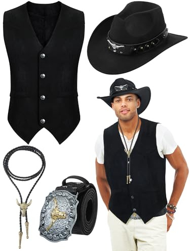 Cutecrop 4 Pcs Western Cowboy Outfits for Men Suede Leather Vest Hat Bolo Tie Belt for Western Halloween Cosplay(Large,Black)