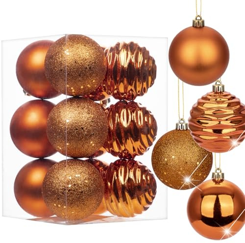 Oairse 8cm/3.15 Orange Christmas Baubles 12 pcs Shatterproof Tree Ornaments with Hanging Strings, Large Christmas Tree Decorations Set for Wedding Holiday Party Wreath Xmas Halloween Home Decor
