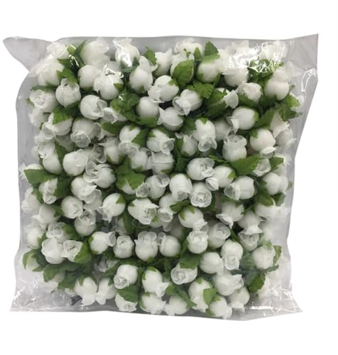 ccHuDE 144 Pcs Mini Artificial Flower Heads White Rose Buds Faux Roses Heads Small Fake Roses Tiny Craft Flowers Floral Heads Decorations with Stems for Wedding Bouquet