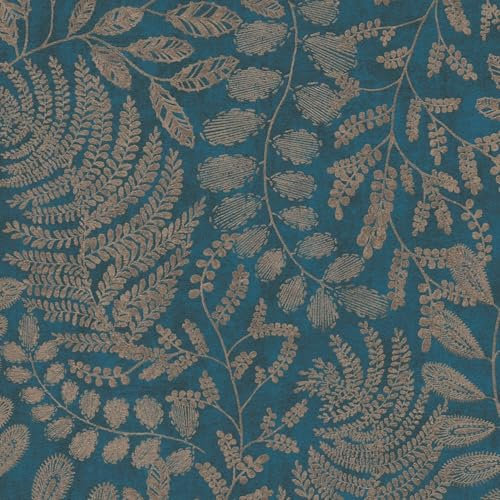 Profhome Papier peint floral 388304-GU papier peint intissé (TNT) bleu pétrole or bleu-turquoise 0,53 m x 10,05 m / 5,33 m2