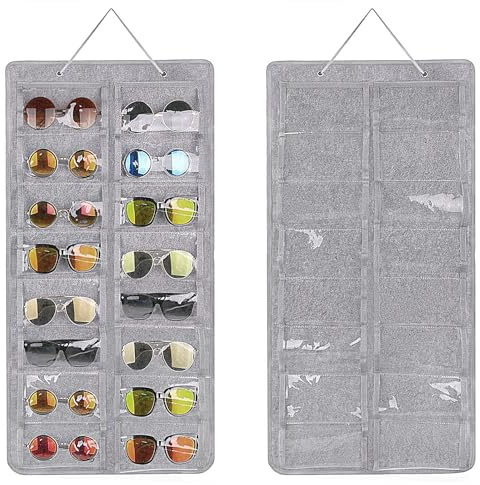 HNBTX Organizador Gafas Colgante, 16 Compartimentos organizador gafas de sol,con 3 Gancho de Metal,Soporte Colgante De Fieltro Para Gafas Perfecto para cualquier habitación-Gris
