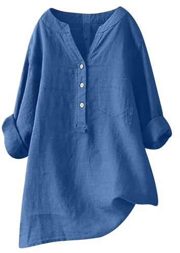 2025 Chemisier Femme Chic et Élégant Chemise Coton et Lin Col en V Bouton Manches Longues Tops Décontracté été Haut Couleur Unie LâChe Respirant T-Shirts Grande Taille Pas Cher Casual Tunique Blouse
