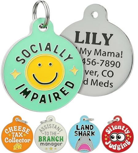 Bad Tags Personalized Dog and Cat ID Tags in 25+ Designs and 2 Sizes - 5 Lines of Custom Engraved Text - Funny Cute Personalized Pet Tags (Socially Impaired, Large (1.25 inch))