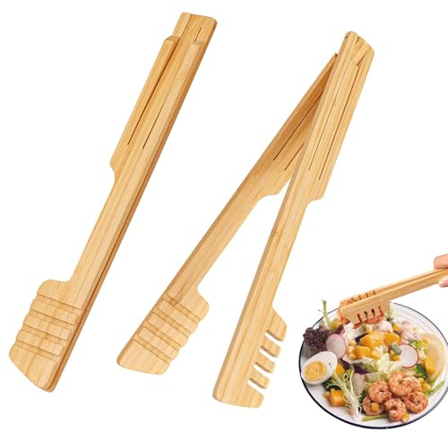 2-Pack Bamboo Kitchen Tongs for Cooking – 8.7-Inch Wooden Food Tongs with Wide Grooved Tips, Flip Design for Nonstick Cookware, Salad, BBQ, and Grilling