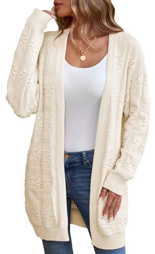 Famulily Women's Fall Winter Long Sweaters Cardigan Hollow Knitted Open Front Long Sleeve Cardigans (L, Beige)