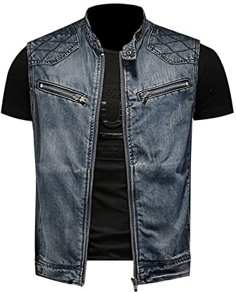 Denim väst herr bikers, jeansjacka ärmlös ståkrage jeansväst stora storlekar ventilerande löpväst med många blixtlås utomhusväst retro klassisk fritidsväst enfärgad herrväst
