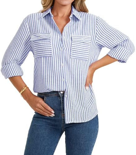 Enmain Camisa Lino Mujer Azul Rayas Manga Larga Cuello V Blusas Mujer Elegantes de Verano con Botones Informales para Oficina Empresa y Fiesta L