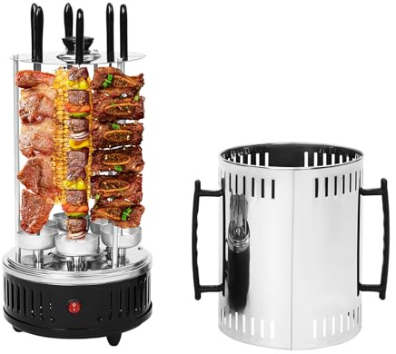 Barbacoa eléctrica vertical de 1000 W, parrilla eléctrica vertical, 400 – 500 °C, para casa, con 6 pinchos y 6 bandejas de recogida de grasa para kebabs, Shawarma