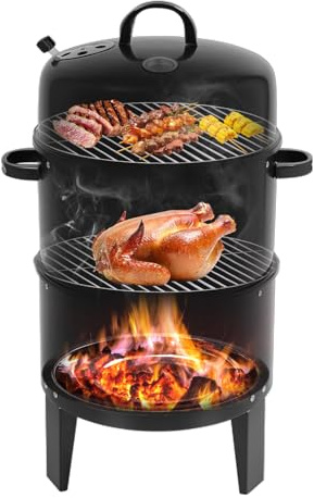 Mqwdxzfes Barbacoa para ahumar 3 en 1, 40 cm, doble capa, horno para ahumar con termómetro y tapa, parrilla redonda extraíble para guisar, ahumar y asar, portátil para exteriores, camping y picnic