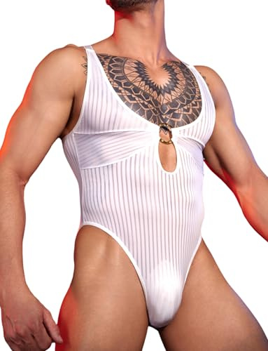 AIEOE Herr body sexig transparent onepiece underkläder randig bodysuit stringbody med tryckknapp sissy underkläder nät underkläder, Vit, one size