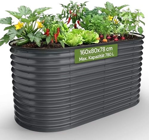 Arebos Hochbeet oval Metall 160x80x78 cm Anthrazit | Gartenbeet verzinkter Stahl rostfrei mit Gummikante 780 L, Stabil mit Querstreben | Gemüsebeet ideal für den Garten | für Gemüse, Kräuter & Blumen