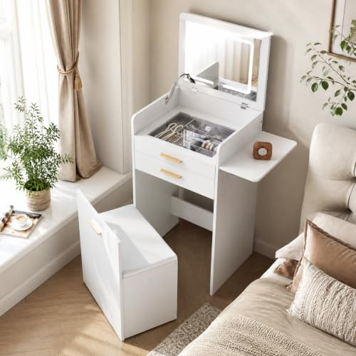 WOLTU litet sminkbord med belysning, hopfällbar spegel, pall | 3-i-1-sminkbord, glasskiva, LED-ljuslist, låda med smyckesbricka, pall med förvaringsutrymme, fällbar sidopanel