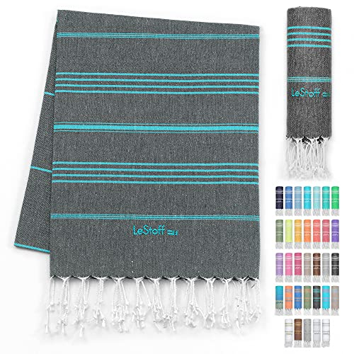 LeStoff Hamamtuch - 100% Bio-Baumwolle, 95 x 180 cm, Vorgewaschen, Saugstark, Schnelltrocknend, Leicht, Kompakt, Sporthandtuch, Fitness Handtuch, Yoga Handtuch, Handtuch groß (Dunkelgrau - Aqua)