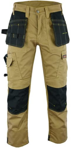 WrightFits Men Pro Builder Work Trousers Khaki - Heavy Duty Safety Combat Cargo Pants - Multi Pockets - Knee Pad Pockets - Triple Stitched - Durable Workwear (30W to 42W) (32W X 31L)