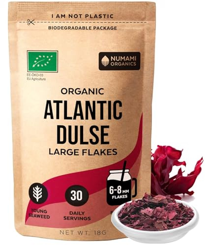 Organic Atlantic Dulse Flakes - Young Baby Seaweed Grown in North Atlantic, Vacuum Dried Premium Quality. Soft Texture & Mild Taste. Add 1 tsp to your dish for daily vitamins/minerals. 30 Servings