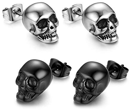 Skull ear piercing, men's earrings, skull stud earrings, stainless steel, hip hop, punk, jazz, ear jewellery for men and(-)