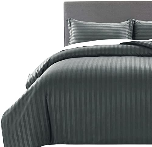 MOONLIGHT20015 Double Duvet Set Reversible Stripes Satin Double Bedding Set with 2 Pillowcases Soft Hypoallergenic Duvet Cover (Charcoal 200x200 CM)
