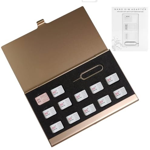 Aluminum SIM Card Case, 12 Slots Ultrathin Nano SIM Card Holder with SIM Card Adapter Kit for Travelers or Holiday Trip (Gold)