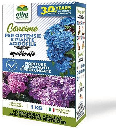 Albagarden - Concime Per Ortensie E Piante Acidofile - Fertilizzante Granulare Idrosolubile Per Abbondanti Fioriture Come Rododendri Azalee Camelie E Ornamentali In Vaso E Piena Terra x 1 kg