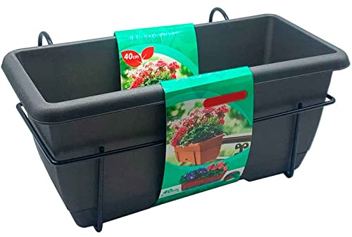 Acan Tradineur - Jardinera 12 litros para balcón con Plato y Soporte de metálico - Modelo PLFT - 50 x 20 x 17,5 cm - Color Gris