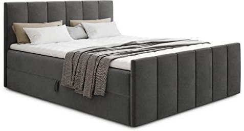 Boxspringbett Star Lux mit Fußteil, 2 Bettkästen und Matratzentopper - Doppelbett mit Topper, Bonell-Matratze, Polsterbett, Bett, Betten, Schlafzimmer (140 x 200 cm, Dunkelgrau (Kronos 22))