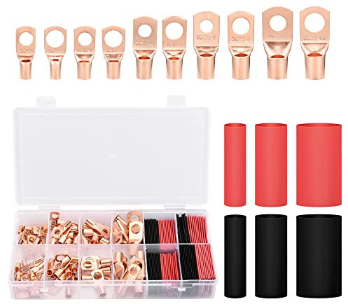 Total 150Pcs Battery Cable Ends include 70pcs Copper Wire Lugs and 80pcs Heat Shrink Tubings, 2 4 6 8 10 12 Awg Eyelets Tubular Ring Terminal Connector with Closed Bare End for Electrical Cable