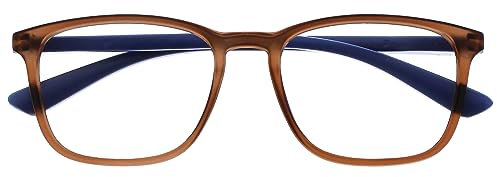 OPULIZE Max Gafas de Lectura - Marco Rectangular Clásico Grande - Marrón Mate Transparente con Brazos Azul Marino - Unisex Hombres Mujeres - Bisagras de Resorte - R78-2 - +1.50