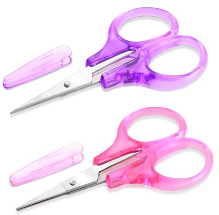 2 Pack Small Sewing Scissors - Stainless Steel Crafting Scissors with Cover, Precision Portable for Embroidery Quilting Sewing Knitting (Pink + Purple)