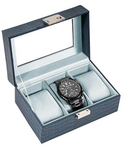 ProCase Men's Watch Box Organizer, 3-Slot Watch Display Case with Glass Lid - CrocCobaltBlue