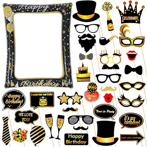 Happy Birthday Inflatable Selfie Frame Photo Booth Frame with 30Pcs Photo Booth Props,Black Gold Inflatable Picture Frame Blow Up Party Prop for Boys Girls Men Women Him Her Birthday Party Decorations