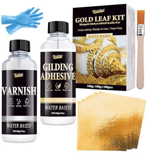 Gold Leaf Gilding Adhesive Set - 100ml Water Based Glue & 100ml Protective Varnish, Gold Leaf Sheets 100pcs, Fast dry Gilding Adhesive for Art, Crafts, jewelry, Furniture and Painting, Long-Lasting