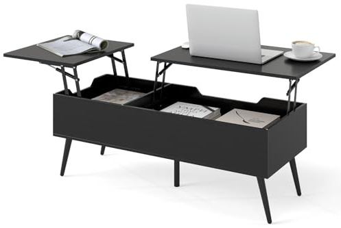 COSTWAY Lift Up Top Coffee Table, Wooden Double Lifting Cocktail Center Table with Hidden Storage Compartments, 5 Metal Legs Rectangle Accent Sofa Side Tea Tables for Living Room Office (Black)
