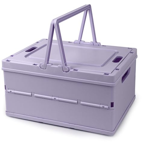 Vivikivi Collapsible Storage Crate,Plastic Storage Box, Purple | Stackable Collapsible Storage Box with Lid, Folding Plastic Basket with Handle for Home Kitchen Office Desk Cabinet Shelf