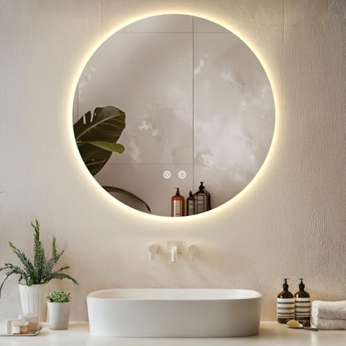 tectake® Espejo Baño LED sin Marco Redondo, Diseño Moderno, Espejo Pared con Luz, Espejos de Baño con Luces, Decoracion Hogar, Decoracion Pared - 70x70 cm