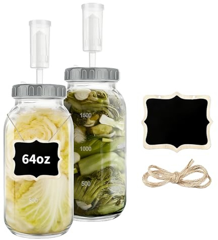 Sorgsfulla set med 2 fermenteringsglas, 2 liter, lufttäta ventiler för kimchi, surkål, surdegstarter, glas med lock
