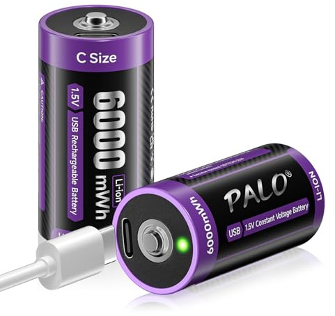 Mspalocell batteria 1,5v c USB-C 1,5V 6000mWh Batteria Ricaricabile Lr14 Litio a Ricarica Rapida 1,5 V con Cavo Ricarica, Autoscarica Bassa, con Spia Ricarica, Ciclo 1500+, Pile 2 Pezzi