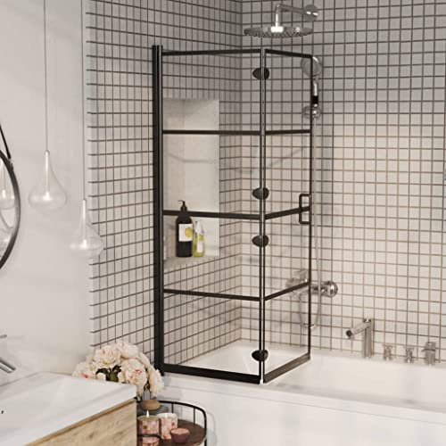 Folding Shower Screen 39.4x55.1 Inch, Black Aluminum Profile, ESG Safety Glass Bathtub Partition Door, Modern Bathroom Enclosure