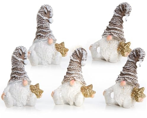 Logbuch-Verlag Figuras Duendes pequeñas, 5 Unidades: decoración navideña Blanca con Estrellas Doradas, gnomos de Resina para Mesa y hogar, Adornos Navidad Interiores, Detalle Festivo Invierno, 7 cm