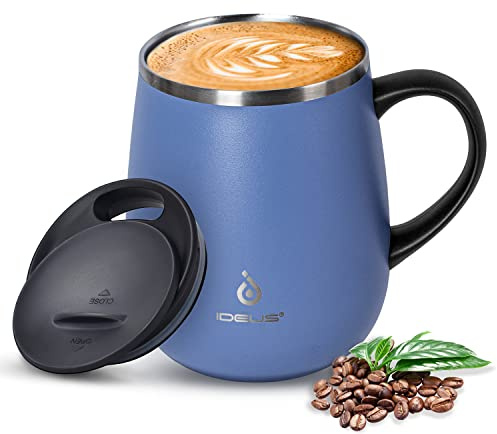 Ideus Coffee Mug 470ml (16oz), Double Wall Vacuum Insulated Stainless Steel Coffee & Tea Cup w/Non-Slip Handle & Slider Module Lid & Large Volume (Sky Blue)