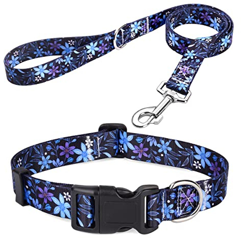 Mihqy Dog Collar and Leash Set, for Small Dogs, Floral Blue Set,XS | with Floral Patterns, Adjustable for Small Medium Large Dogs, Comfortable for Walks and Outdoor Hikes