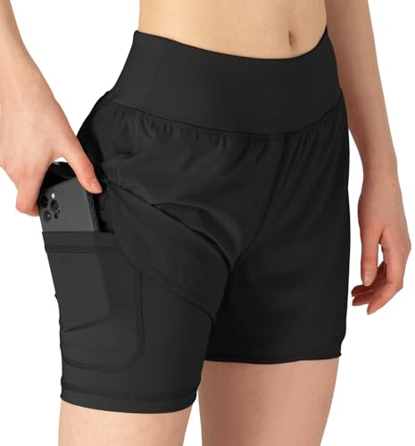 YSENTO Short de sport d'été 2 en 1 pour femme - Short de sport court - Entraînement de jogging - Fitness course à pied - Pantalon de yoga à séchage rapide avec poche, Noir , XXL