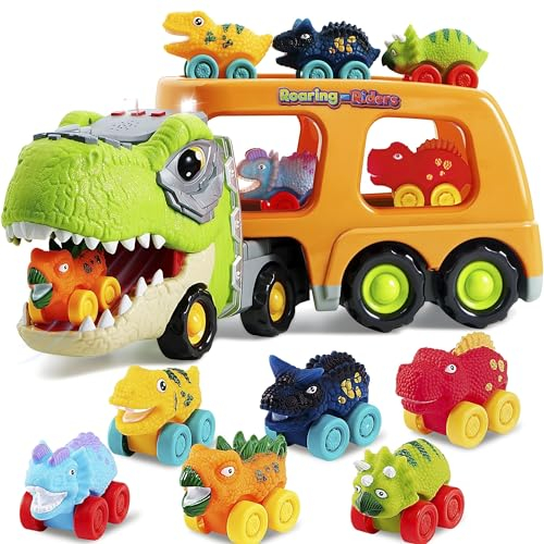JOYIN Mini Camión Transportador de Dinosaurios con 6 Vehículos de Juguete de Goma Suave, con Música y Sonido Fuerte, Luces Intermitentes, Regalos para niños y niñas de 2 años en adelante(Naranja)