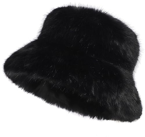 LA CARRIE Women's Fuzzy Wide Brim Faux Fur Bucket Hat Winter Warmer Fisherman Cap(Black)