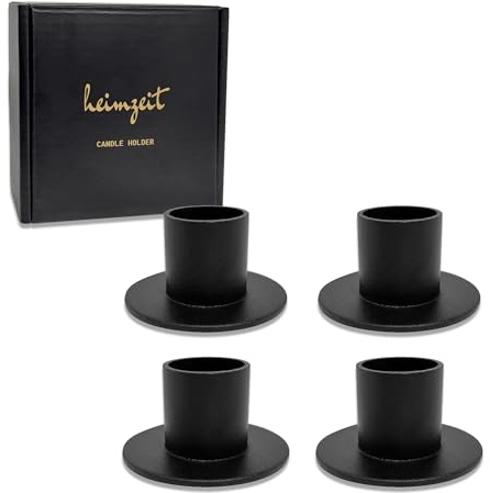 heimzeit Portacandele in Metallo per Candele a Stelo Ø22 mm e Candele da Tavolo [4 Pezzi, Rotondo], Colore: Nero, Design Elegante, Candelabro per una Raffinata Decorazione Della Stanza