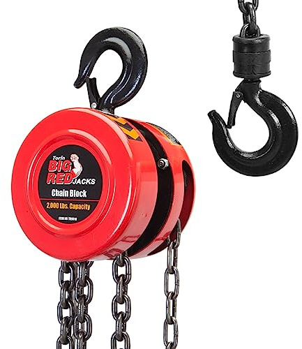 BIG RED Hand Chain Hoist 1 Ton 2000 Lbs Capacity 8ft/2.5m Torin Manual Chain Fall with 2 Heavy Duty Hooks, for Warehouse Automotive Machinery, Red, TR9010