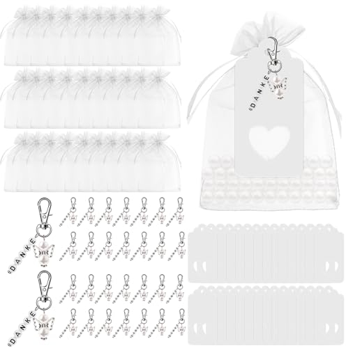 TOATELU 30 Stück Schutzengel Anhänger: Danke Schlüsselanhänger Schutzengel mit Organza Beutel Dankeschön Karte weißes Band, Schutzengel Anhänger für Hochzeit Taufe Geburtstag, Dankeschön Geschenke