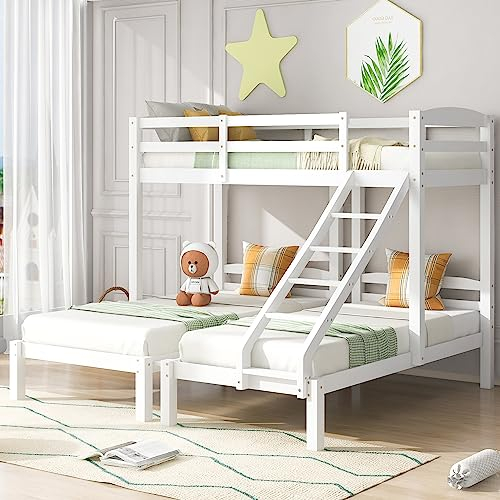 kubeier Hochbett Dreierbett mit Leiter & 3 Liegeflächen 90 x 200 cm - Platzsparendes Kinder Etagenbett in weiß - Holzbett Kinderbetten mit Rausfallschutz und Lattenrost, Jugendbett, ohne Matratze