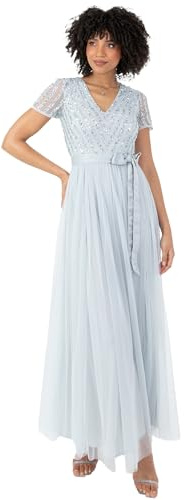 Maya Deluxe Maya Deluxe Maxi Dress for Women Ladies Bridesmaid V-Neck Ball Gown Short Sleeves Long Elegant Empire Waist Wedding, Robe de Demoiselle d'honneur Femme, Ice Blue,