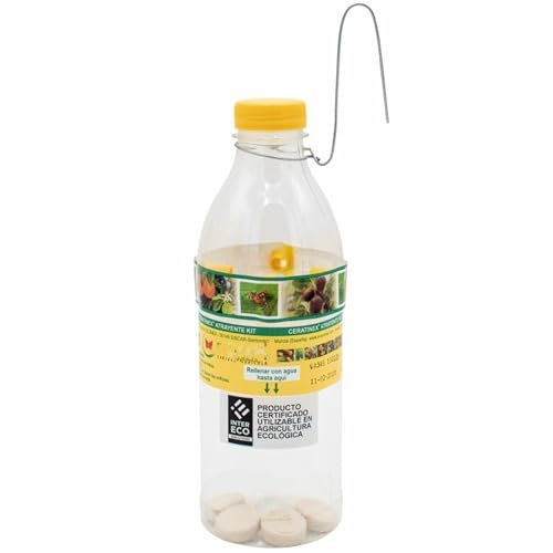 Bricoloco Kit Anti plagas para árboles frutales con atrayente de feromonas Moscas de la Fruta y Mosca del Olivo. Botella con Cuatro Pastillas y Colgador (1)